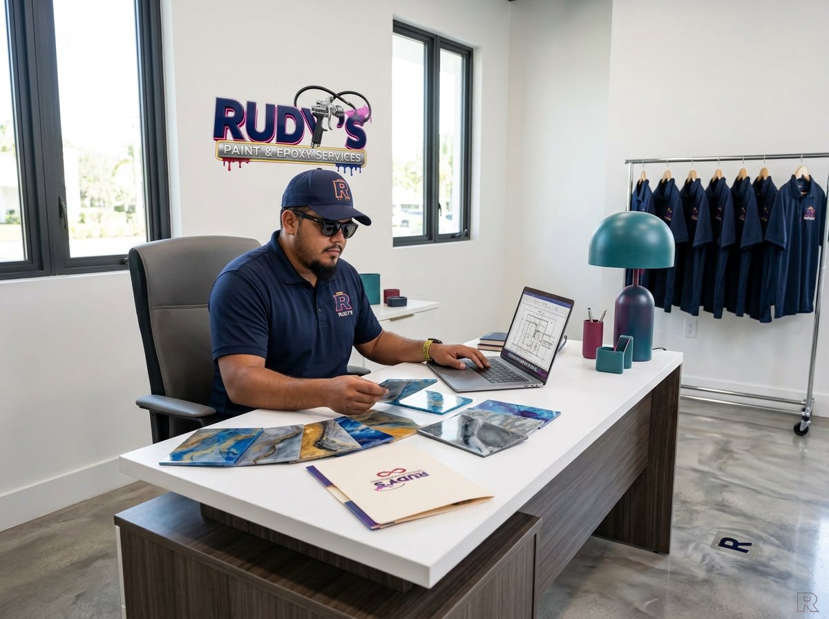 Rudy seated at his desk reviewing epoxy samples and project plans in a clean, modern Rudy's Paint & Epoxy office with branded apparel and wall signage
