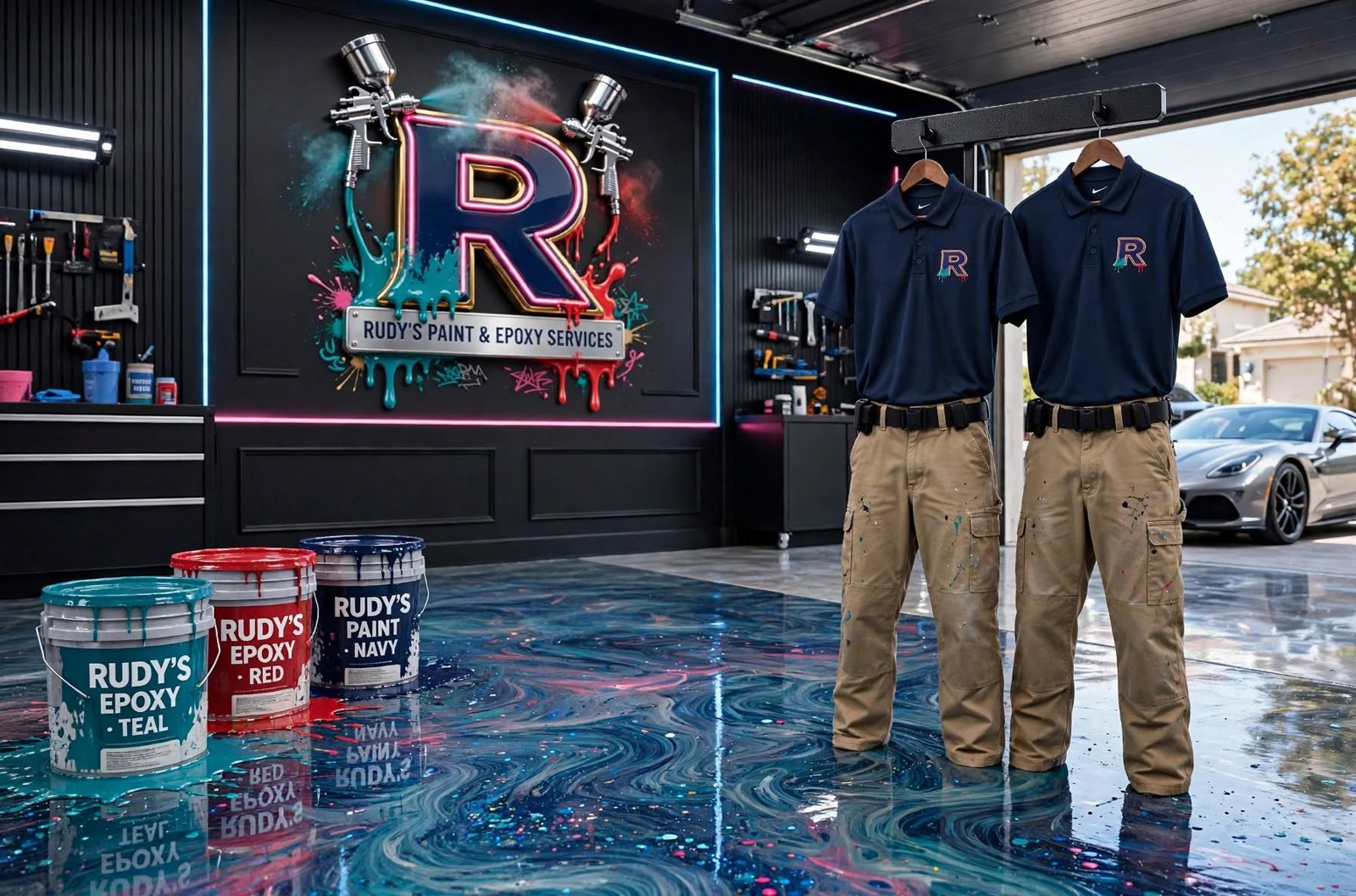 Rudy's branded navy polo shirts and epoxy buckets beneath a neon Rudy's logo in the glossy-floor showroom