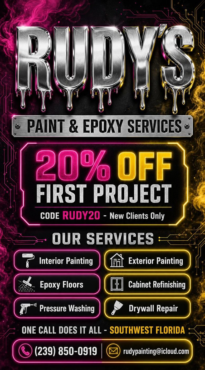 Rudy's Paint & Epoxy Services flyer: 20% off first project with code RUDY20, service list, phone (239) 850-0919 and email