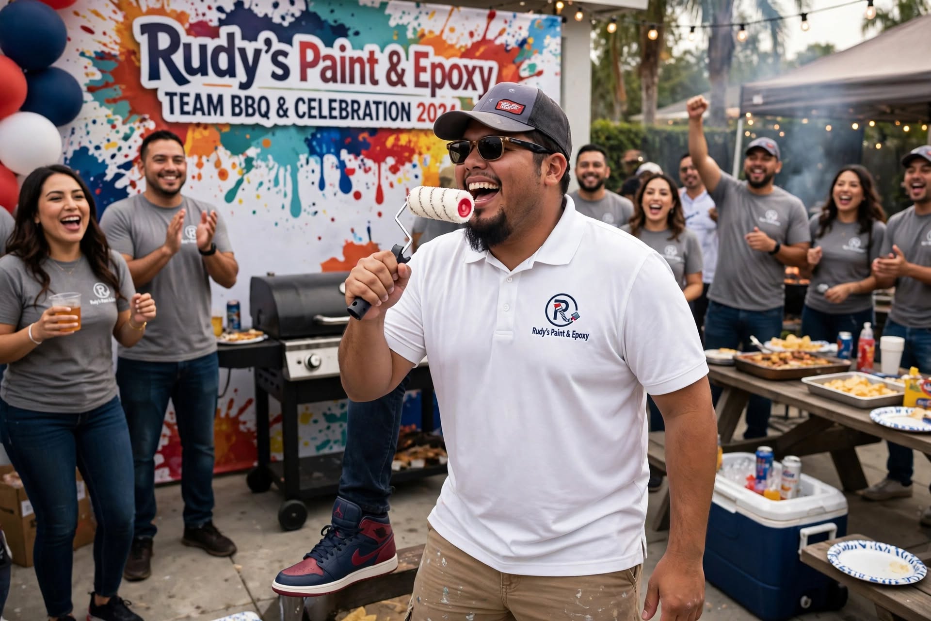 Rudy and his crew laughing together at the annual Rudy's Paint & Epoxy team BBQ celebration